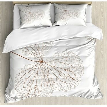 Flower Duvet Cover Set, Abstract Plant Floral Design with Veins Natural Botanic Plants Image Art, Decorative 3 Piece Bedding Set with 2 Pillow Shams, Calking Size, White and Brown, by Ambesonne