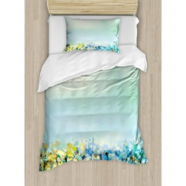 Flower Duvet Cover Set, Aqua Impressionist Depiction of a Field Paint with Blooms Tranquil Concept Print, Decorative 2 Piece Bedding Set with 1 Pillow Shams, Twin Size, Pale Blue, by Ambesonne