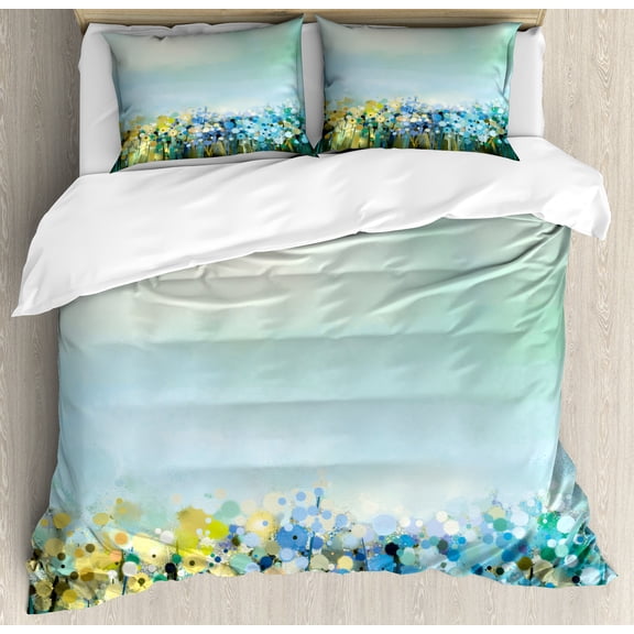 Flower Duvet Cover Set, Aqua Impressionist Depiction of a Field Paint with Blooms Tranquil Concept Print, Decorative 3 Piece Bedding Set with 2 Pillow Shams, King Size, Pale Blue, by Ambesonne