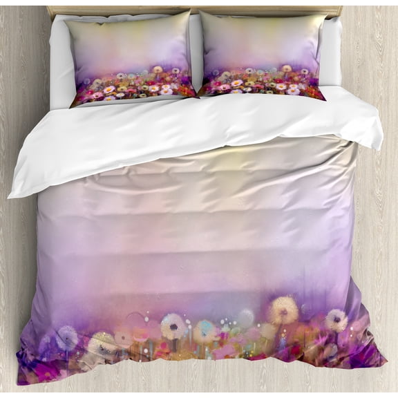 Flower Duvet Cover Set, Bed with Different Blossom Types Fresh Flowers Romantic Garden Hand Drawn Art, Decorative 3 Piece Bedding Set with 2 Pillow Shams, Queen Size, Lilac Pink, by Ambesonne