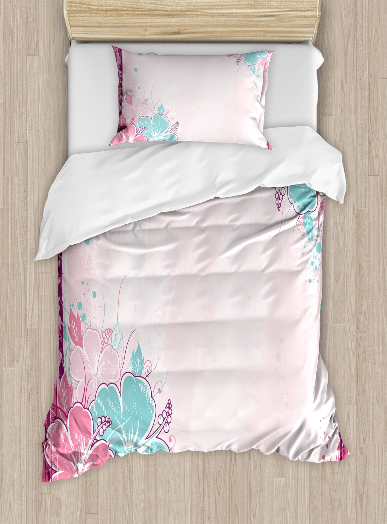 Twin Turquoise and Pale Pink Floral Duvet Cover Set