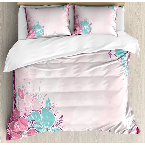 Flower Duvet Cover Set, Bouquet of Hibiscus Florets Exotic Nature Watercolor Style Art, Decorative 3 Piece Bedding Set with 2 Pillow Shams, Queen Size, Turquoise Pale Pink, by Ambesonne
