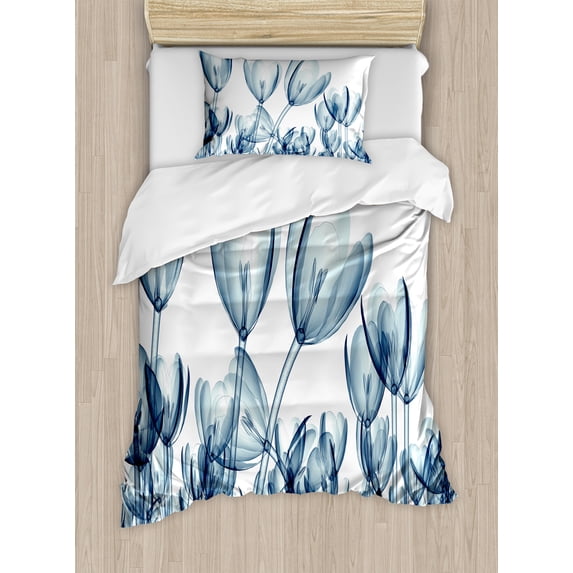 Flower Duvet Cover Set, Bunch of Different Size X-rays Complex Structures of Mother Nature Art Print, Decorative 2 Piece Bedding Set with 1 Pillow Shams, Twin Size, Teal White, by Ambesonne