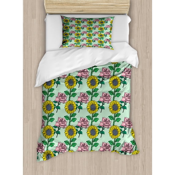 Flower Duvet Cover Set, Cartoonish Blossoming Sunflower and Roses Pattern, Decorative 2 Piece Bedding Set with 1 Pillow Shams, Twin Size, Mint Green Multicolor, by Ambesonne