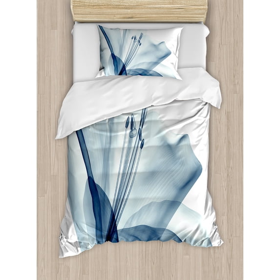 Flower Duvet Cover Set, Close Look to Flora Arrangement X-ray Effect Nature Image Art Print, Decorative 2 Piece Bedding Set with 1 Pillow Shams, Twin Size, Teal White, by Ambesonne