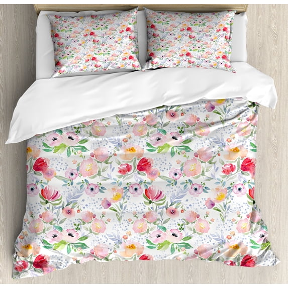 Flower Duvet Cover Set, Colorful Watercolor Effect Spring Flowers with Leaves English Country Design, Decorative 3 Piece Bedding Set with 2 Pillow Shams, King Size, Pink Green Red, by Ambesonne