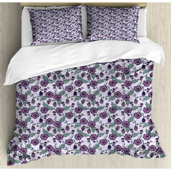 Flower Duvet Cover Set, Continuous and Funky Floral Pattern with Leaves in Violet Tones, Decorative 3 Piece Bedding Set with 2 Pillow Shams, Queen Size, Pastel Purple and Multicolor, by Ambesonne