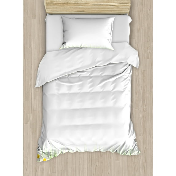 Flower Duvet Cover Set, Daisies in the Grass on Plain Background Modern Floral Print Country Style, Decorative 2 Piece Bedding Set with 1 Pillow Shams, Twin Size, Green White Yellow, by Ambesonne