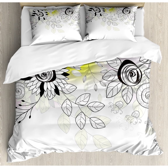 Flower Duvet Cover Set, Drawing of Wild Field Flora Snails Twigs Leaves Gardening Plants, Decorative 3 Piece Bedding Set with 2 Pillow Shams, Queen Size, Black Eggshell Green, by Ambesonne