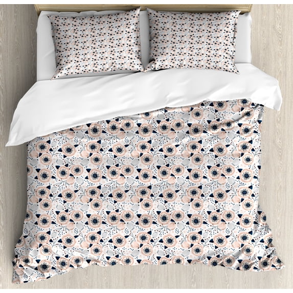 Flower Duvet Cover Set, Exotic Flowers Flourishing Garden Forest Berry Branches in Pastel Colors, Decorative 3 Piece Bedding Set with 2 Pillow Shams, King Size, Pale Peach Night Blue, by Ambesonne