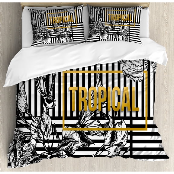 Flower Duvet Cover Set, Exotic Petals with Tropic Butterfly over Minimalist Striped Background, Decorative 3 Piece Bedding Set with 2 Pillow Shams, Queen Size, Black White Pale Coffee, by Ambesonne