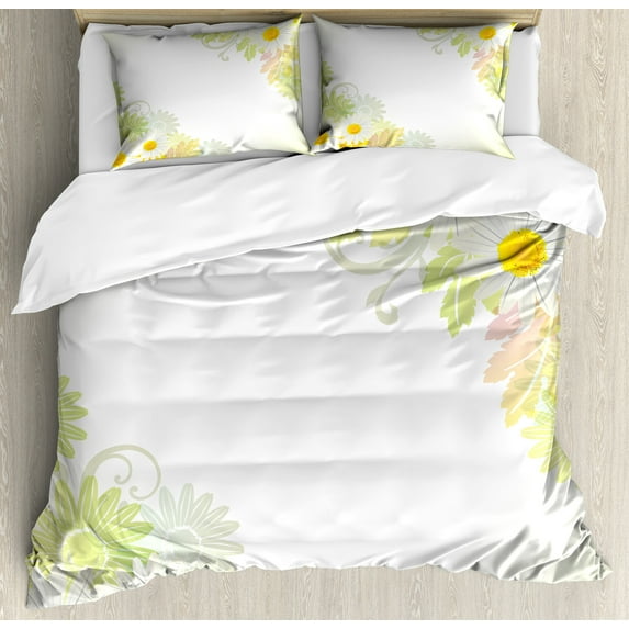 Flower Duvet Cover Set, Floral Daisies Abstract Oriental Details and Leaves with Sun Like Art Print, Decorative 3 Piece Bedding Set with 2 Pillow Shams, Calking Size, White and Yellow, by Ambesonne