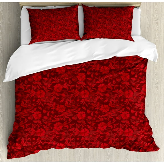 Flower Duvet Cover Set, Floral Details with Leaves Swirls Romantic Vivid Vibrant Pattern Art Print, Decorative 3 Piece Bedding Set with 2 Pillow Shams, Queen Size, Burgundy and Red, by Ambesonne