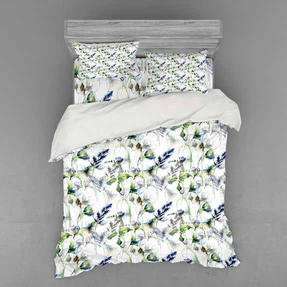 Ambesonne Floral Bedding Set 4 Pcs, Pea Blossom Design, Queen, Green White Blue