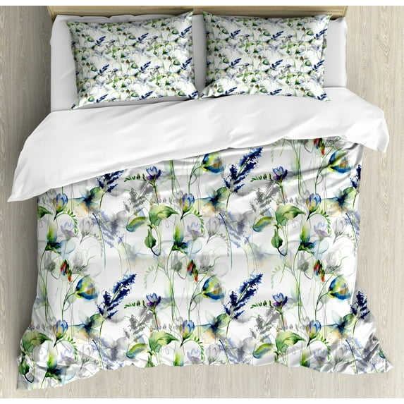 Flower Duvet Cover Set, Floral Pattern Pea Blossoms in Watercolor Paint Effect Spring Theme, Decorative 3 Piece Bedding Set with 2 Pillow Shams, Queen Size, Green White Blue, by Ambesonne