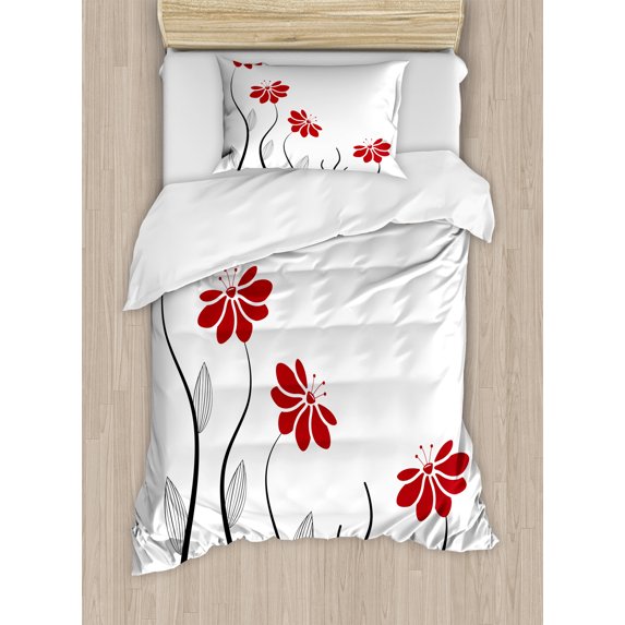 Flower Duvet Cover Set, Floral Petals with Striped Leaves and Lines Modern Style Geometrical Design Print, Decorative 2 Piece Bedding Set with 1 Pillow Shams, Twin Size, Red and Black, by Ambesonne