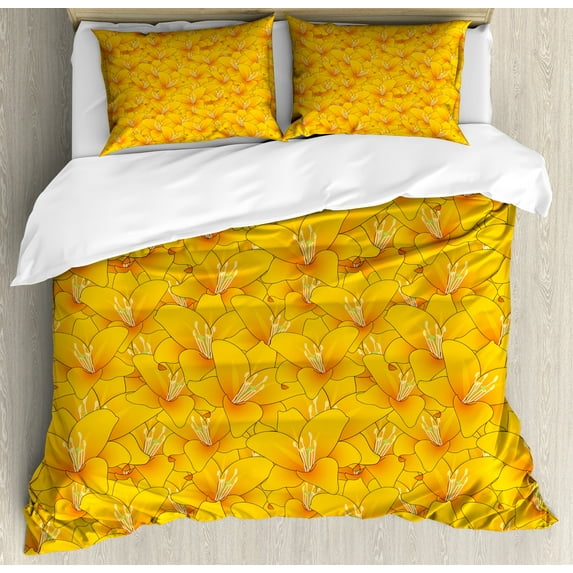Flower Duvet Cover Set, Floral Theme Botanical Motif with Spring Blooming Orange Lilies Pattern, Decorative 3 Piece Bedding Set with 2 Pillow Shams, Queen Size, Orange and Pale Orange, by Ambesonne