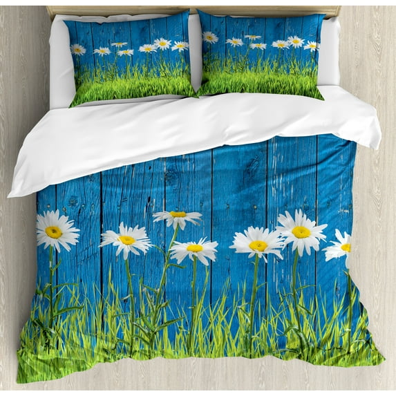 Flower Duvet Cover Set, Fresh Springtime Grass and Daisy on Fence Summer Simple Vintage Style Print, Decorative 3 Piece Bedding Set with 2 Pillow Shams, Queen Size, Blue Green White, by Ambesonne