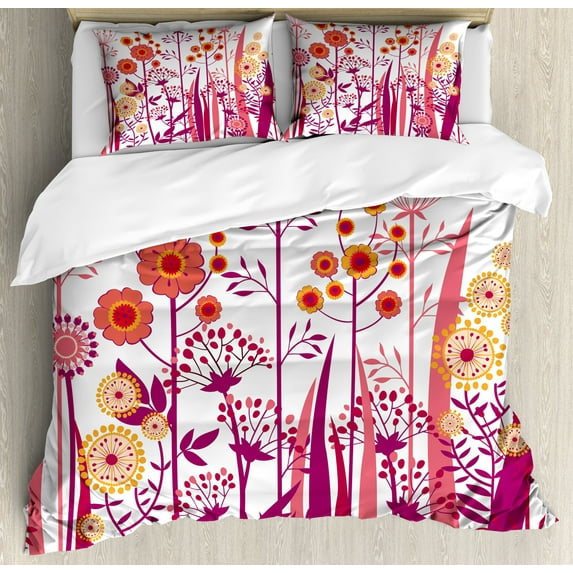 Flower Duvet Cover Set, Garden Pink Florals Buds Leaves Swirls Romantic Modern Art, Decorative 3 Piece Bedding Set with 2 Pillow Shams, Queen Size, Pale Pink Orange, by Ambesonne