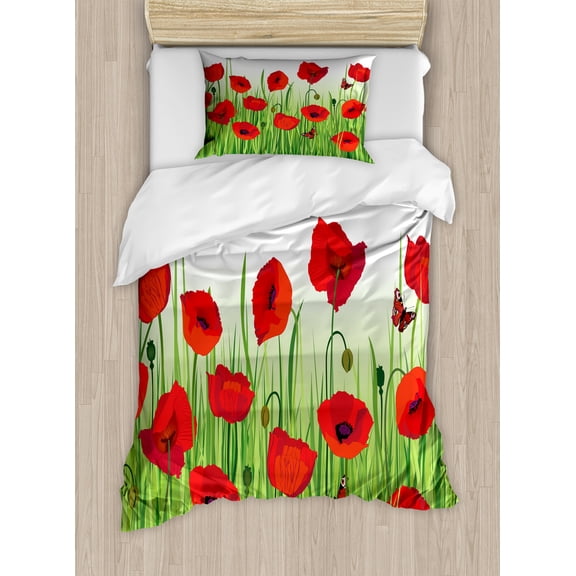 Flower Duvet Cover Set, Grass Flowers Butterfly Floral Arrangement Summer Greenland Work of Art Print, Decorative 2 Piece Bedding Set with 1 Pillow Shams, Twin Size, Green and Red, by Ambesonne