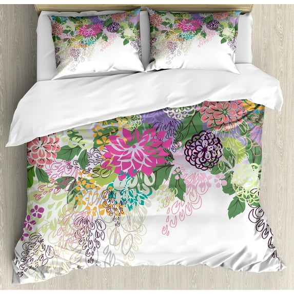 Flower Duvet Cover Set, Hand Drawn Style Graphic Floral Print Nature Inspiration Vintage Old Bohemian, Decorative 3 Piece Bedding Set with 2 Pillow Shams, Calking Size, White Violet, by Ambesonne