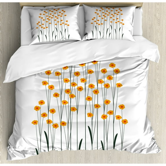 Flower Duvet Cover Set, Hand Drawn Style Yellow Daisies Like Flowers with Black Lines and Leaves Print, Decorative 3 Piece Bedding Set with 2 Pillow Shams, King Size, Yellow and Black, by Ambesonne