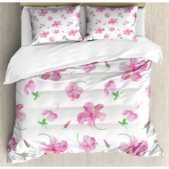 Flower Duvet Cover Set, Hibiscus Bloom Flowers on a Plain Background with Floral Patterns in Country Style, Decorative 3 Piece Bedding Set with 2 Pillow Shams, Queen Size, Pink White, by Ambesonne
