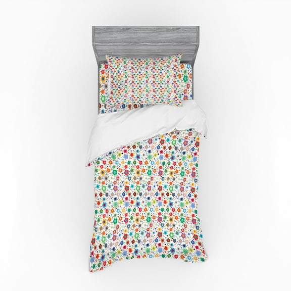 Flower Duvet Cover Set, Hippie Style Floral Pattern with Multiple Petals Irregularly Placed on Background, Bedding Set with Shams and Fitted Sheet, 3 Sizes, by Ambesonne