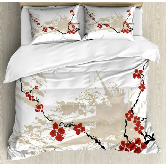 Flower Duvet Cover Set, Illustration of Sakura Flowers on Grunge Background with Soft Pastel Colors, Decorative 3 Piece Bedding Set with 2 Pillow Shams, Calking Size, Beige White Red, by Ambesonne