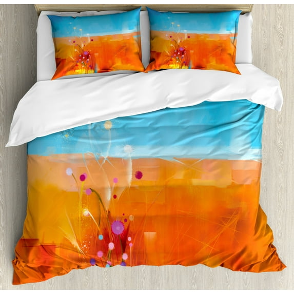 Flower Duvet Cover Set King Size, Abstract Meadows under Blue Sky Nature Themed Artwork Beauty Floral Illustration, Decorative 3 Piece Bedding Set with 2 Pillow Shams, Orange Purple, by Ambesonne