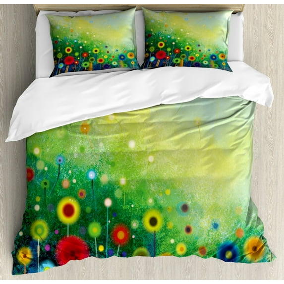 Flower Duvet Cover Set King Size, Abstractly Shaped Retro Round Seasonal Blooms Floret Petal Cloudy Botany Scenery Print, Decorative 3 Piece Bedding Set with 2 Pillow Shams, Green, by Ambesonne