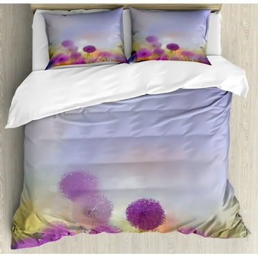 Flower Duvet Cover Set King Size, Onion in Meadow Pastoral Scenery at Springtime Birth of Nature Themed Illustration, Decorative 3 Piece Bedding Set with 2 Pillow Shams, Purple Blue, by Ambesonne