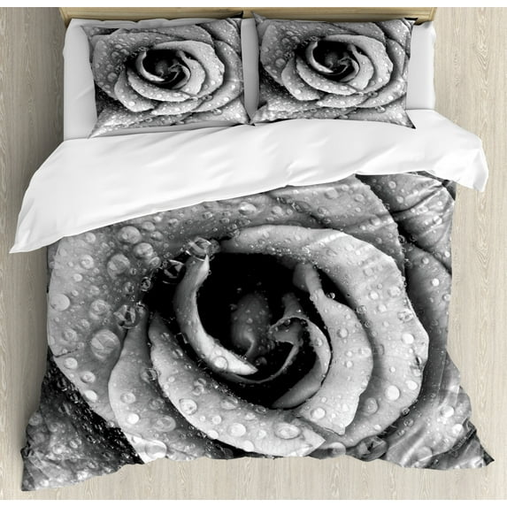 Flower Duvet Cover Set King Size, Retro Romantic Rose Petal Figure with Rain Water Drops Valentines Love Picture, Decorative 3 Piece Bedding Set with 2 Pillow Shams, Black and White, by Ambesonne