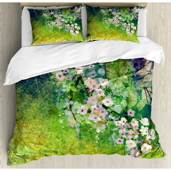Flower Duvet Cover Set King Size, Traditional Multicolored Japanese Cherry Blossom Sakura Tree Petals Grass Land Paint, Decorative 3 Piece Bedding Set with 2 Pillow Shams, Pink Green, by Ambesonne