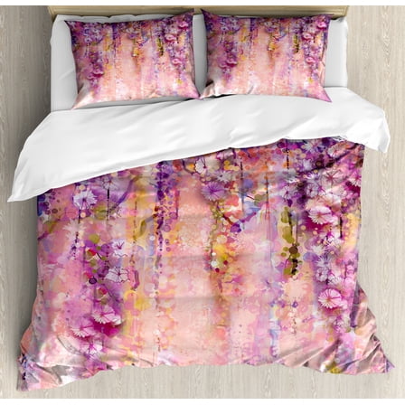 Flower Duvet Cover Set King Size, Watercolor Painting Effect Wisteria Tree Blossoms Soft Scenic Spring Display, Decorative 3 Piece Bedding Set with 2 Pillow Shams, Pink Violet Purple, by Ambesonne