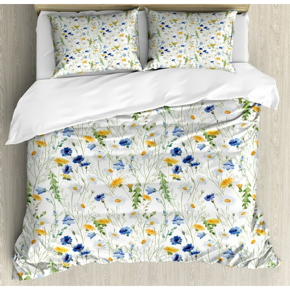Flower Duvet Cover Set King Size, Wild Flowers Poppies and Daisies Rural Nature Scenery in Meadows Rustic, Decorative 3 Piece Bedding Set with 2 Pillow Shams, Blue Pale Green Yellow, by Ambesonne