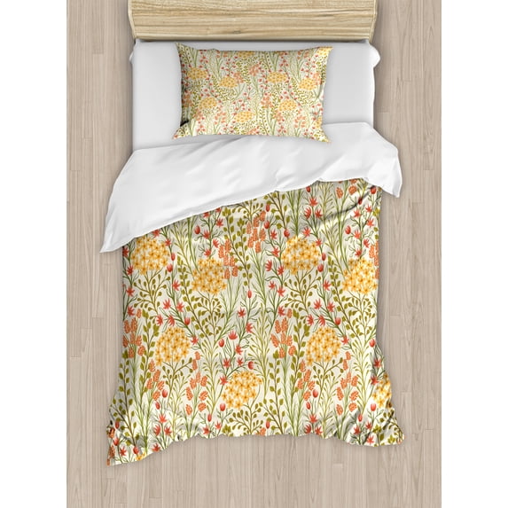 Flower Duvet Cover Set, Leaves Flowers Old Vintage Ivy Design with Plants Nature Theme Retro Art Print, Decorative 2 Piece Bedding Set with 1 Pillow Shams, Twin Size, Multicolor, by Ambesonne