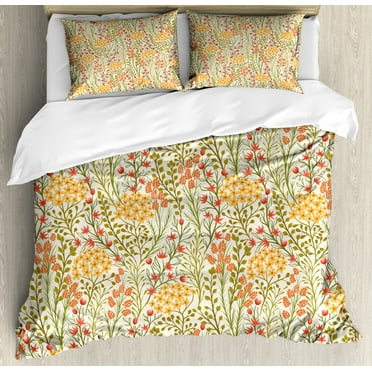 Flower Duvet Cover Set, Leaves Flowers Old Vintage Ivy Design with Plants Nature Theme Retro Art Print, Decorative 3 Piece Bedding Set with 2 Pillow Shams, Calking Size, Multicolor, by Ambesonne