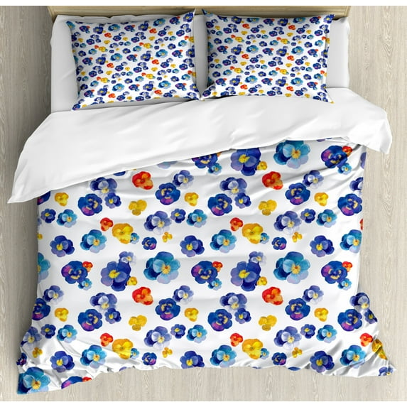 Flower Duvet Cover Set, Nature Botanic Design Colored Violet Floral Tiny Flowers Art Print, Decorative 3 Piece Bedding Set with 2 Pillow Shams, Queen Size, Dark Blue Orange, by Ambesonne