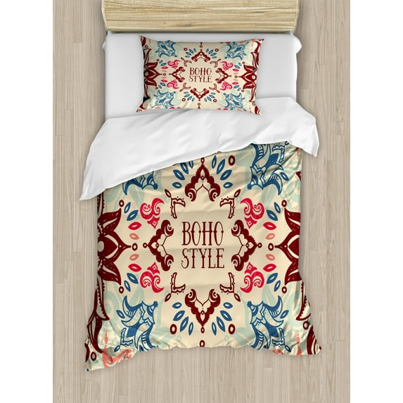 Flower Duvet Cover Set, Ornate Floral Vivid Traditional Boho Style Pattern, Decorative 2 Piece Bedding Set with 1 Pillow Shams, Twin Size, Maroon Beige Violet Blue, by Ambesonne