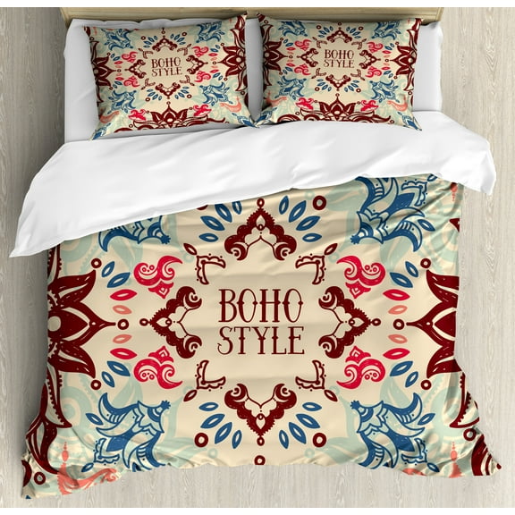 Flower Duvet Cover Set, Ornate Floral Vivid Traditional Boho Style Pattern, Decorative 3 Piece Bedding Set with 2 Pillow Shams, Queen Size, Maroon Beige Violet Blue, by Ambesonne