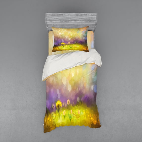 Flower Duvet Cover Set, Pastel Colored Floral Lawn and Hazy Shallow Depth of Field Nature Depiction Design, Bedding Set with Shams and Fitted Sheet, 3 Sizes, by Ambesonne