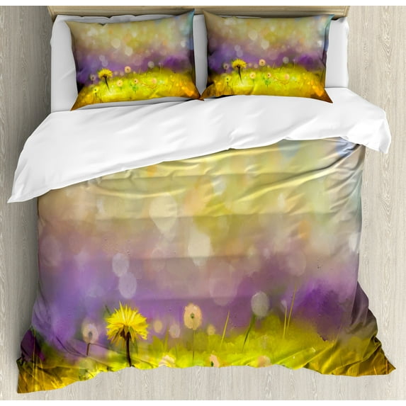 Flower Duvet Cover Set, Pastel Colored Floral Lawn and Shallow Depth of Field Nature Depiction Design, Decorative 3 Piece Bedding Set with 2 Pillow Shams, King Size, Purple Green, by Ambesonne