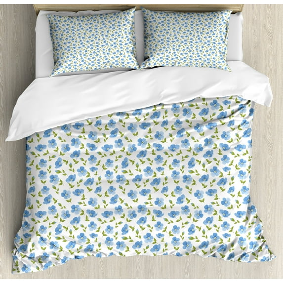 Flower Duvet Cover Set, Flower Pattern Feminine Nostalgic Art Greenland Natural Creative Design, Decorative 3 Piece Bedding Set with 2 Pillow Shams, Queen Size, Pale Blue White Green, by Ambesonne
