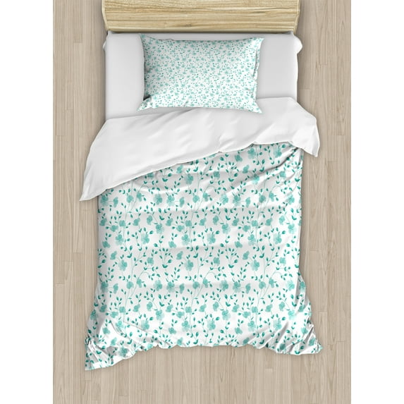 Flower Duvet Cover Set, Pattern with Flower Stems Blooming Springtime Simple Design Art Print, Decorative 2 Piece Bedding Set with 1 Pillow Shams, Twin Size, Pale Blue Teal White, by Ambesonne