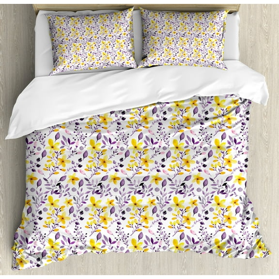 Flower Duvet Cover Set, Pattern with Flowers and Leaves ling Foliage Spring Rural Print, Decorative 3 Piece Bedding Set with 2 Pillow Shams, Calking Size, Yellow Purple White, by Ambesonne