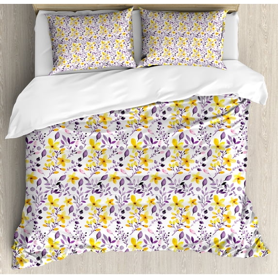Flower Duvet Cover Set, Pattern with Flowers and Leaves ling Foliage Spring Rural Print, Decorative 3 Piece Bedding Set with 2 Pillow Shams, King Size, Yellow Purple White, by Ambesonne