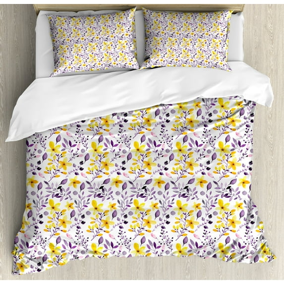 Flower Duvet Cover Set, Pattern with Flowers and Leaves ling Foliage Spring Rural Print, Decorative 3 Piece Bedding Set with 2 Pillow Shams, Queen Size, Yellow Purple White, by Ambesonne