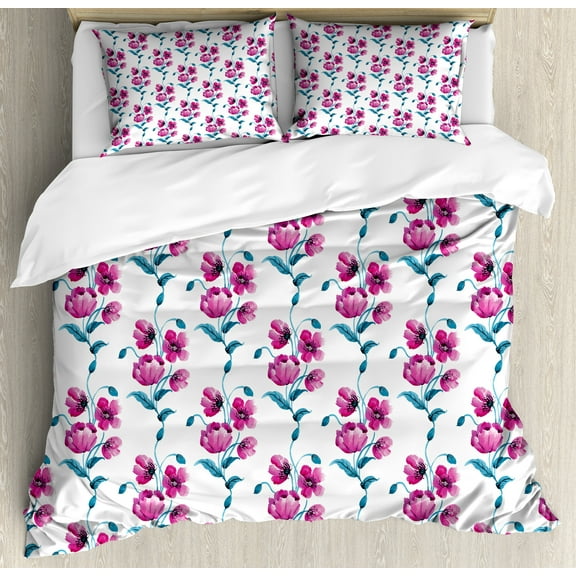 Flower Duvet Cover Set, Poppies Ornamental Vintage Style Design Leaves Buds Botany Art, Decorative 3 Piece Bedding Set with 2 Pillow Shams, Calking Size, Fuchsia and Petrol Blue, by Ambesonne