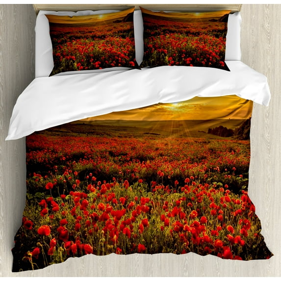 Flower Duvet Cover Set, Poppy Field at Sunset Sun Beams Meadow Cloudscape Wildflower Scene, Decorative 3 Piece Bedding Set with 2 Pillow Shams, Queen Size, Marigold Scarlet, by Ambesonne
